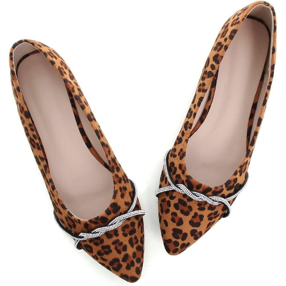 Women's Leopard Casual Flats Fashion Chain Pointed Toe Ballet Flat Rhinestone - Picture 3 of 7